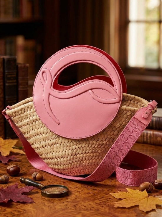 Christian Louboutin Handbags - Christian Louboutin Loubishore Pink Leather Straw Basket Tote Bag Strap